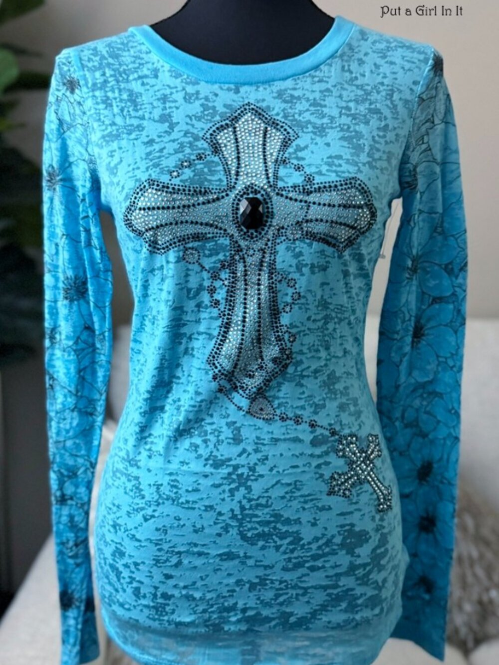 USA Vocal Apparel Women's Crystal Turquoise Blue Cross Burnout Shirt S Small Y2K